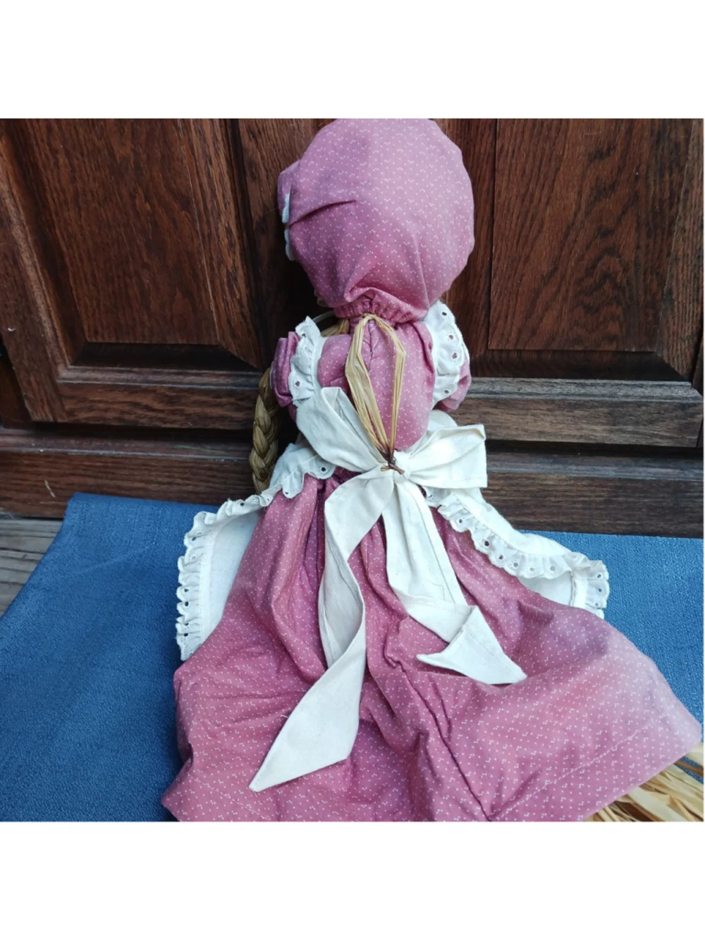 VTG Cottagecore Straw Doll Pink Calico Braids Basket 16